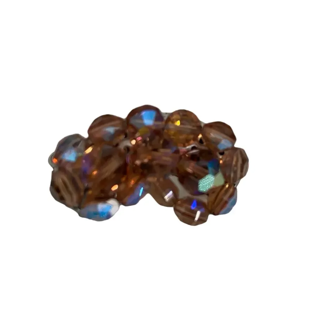 Smoky Topaz Rootbeer Rhinestone Bead Brass Cap Kidney Shape Clip On Earrings